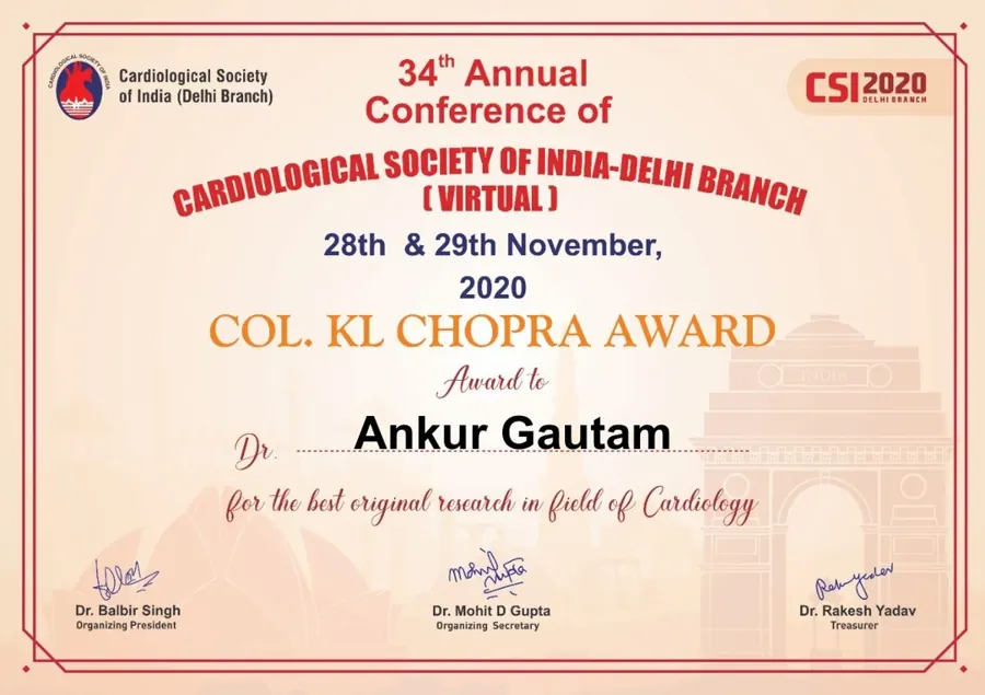 Col. K.L. Chopra Award certificate, CSI Delhi Branch 2020